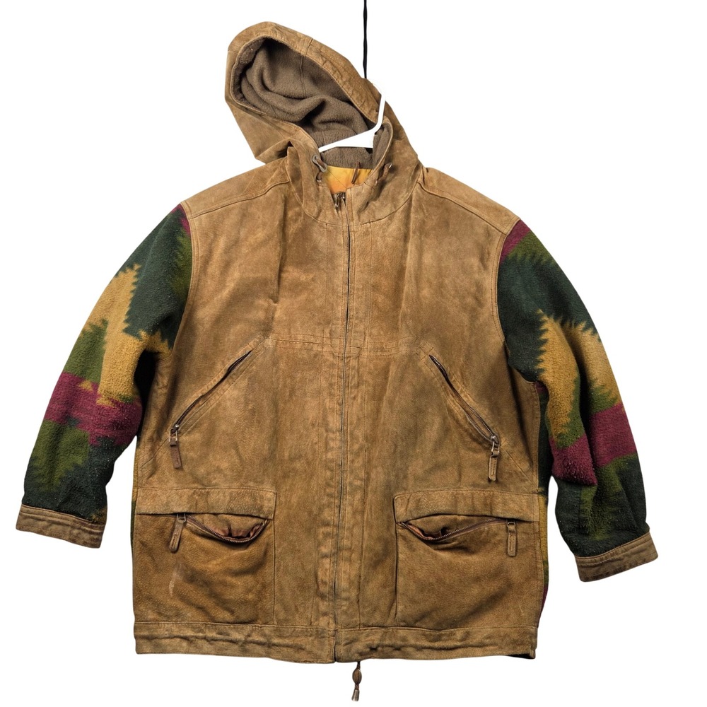 Winlit Leather Fleece Jacket Mens M Brown Excellent Southwestern Hooded Zip